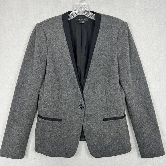 Theory Blazer Jacket Size 8 Gray Black Trim Single Button Workwear Career - Picture 2 of 12